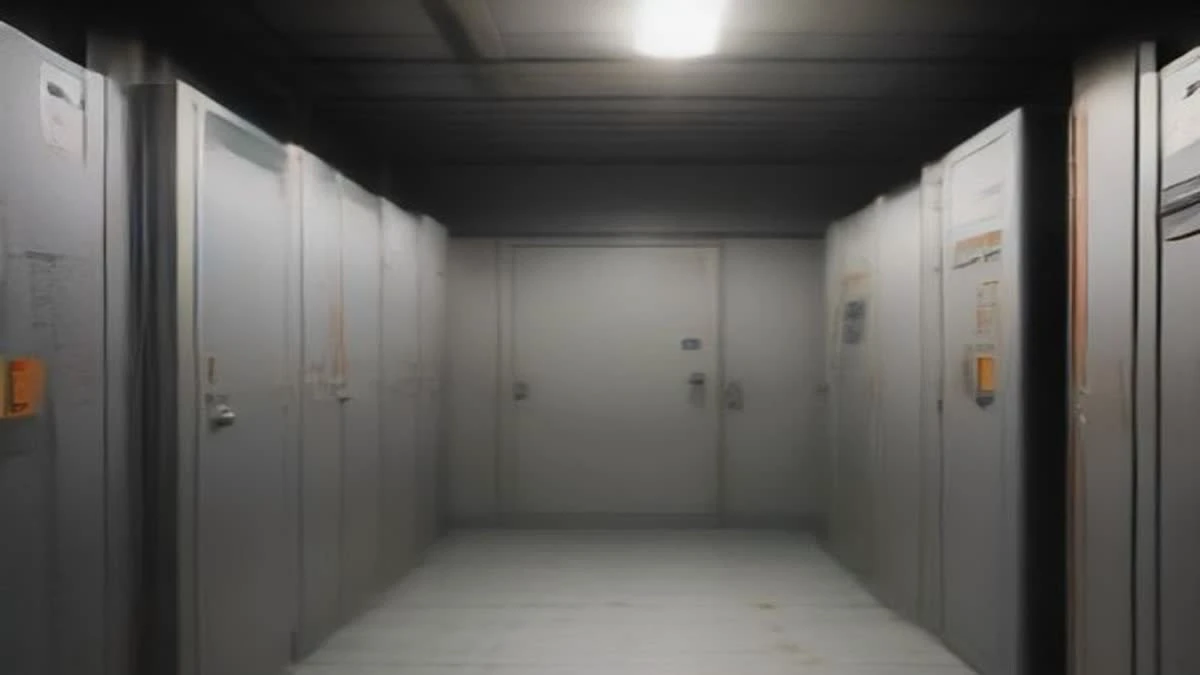 An electrical distribution panel with orange cable trunks running through a server room in cool even light, composed off-centre with negative space
