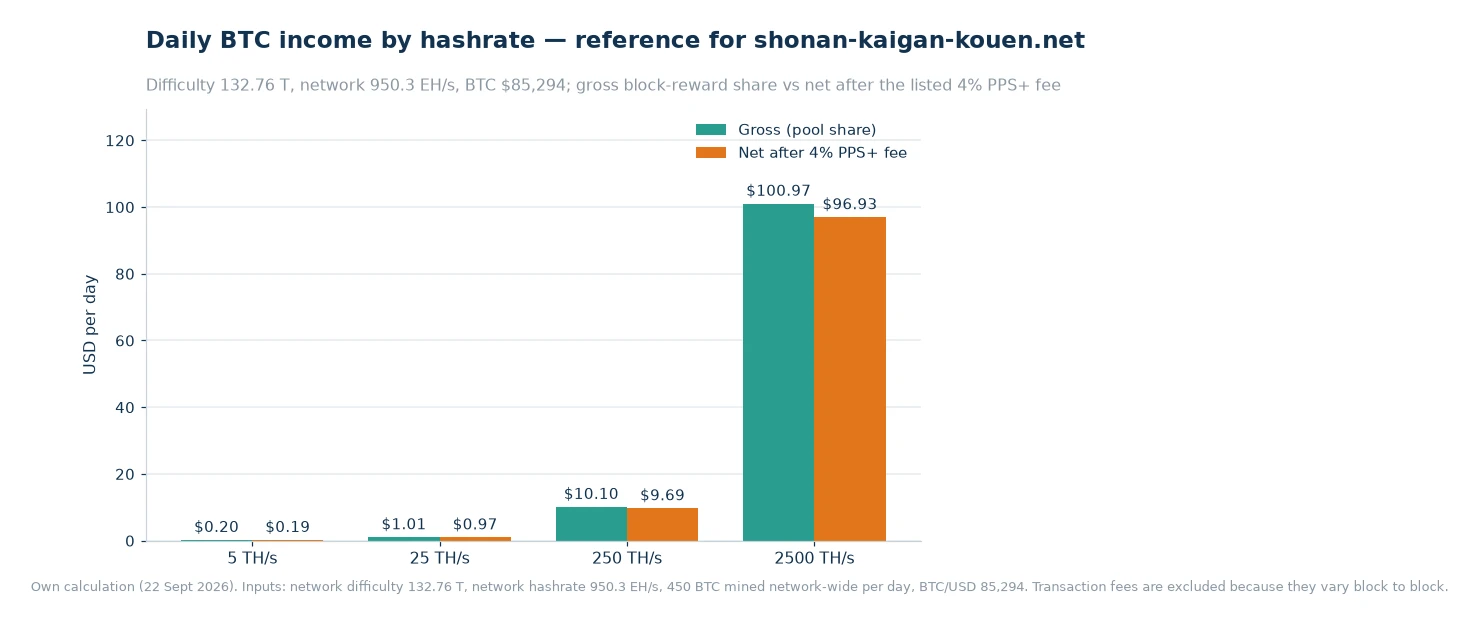 Bar chart of daily gross and post-fee income at 5, 25, 250 and 2,500 terahashes per second